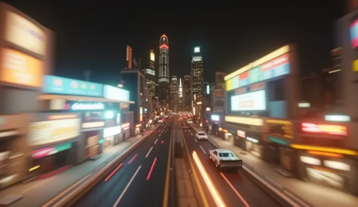 An ultra-realistic aerial view of a Vice City-inspired city, with vibrant neon lights illuminating modern skyscrapers and bustling streets. The city features colorful digital signs, speeding sports cars, and a retro-futuristic vibe. In the background, a vi...