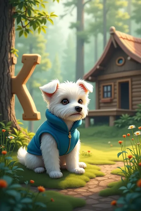 White Maltese dog wearing a blue vest ,  in a forest with a cabin in the background and with the letter K in large 