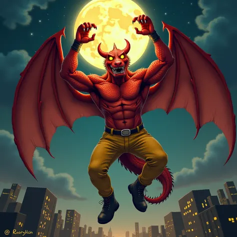  A huge red muscular winged crocodile furry jock with yellow glowing eyes without pupils in black metal bracelets, wearing black boots , wearing yellow jeans, he holds the moon in his hands above his head while flying in the sky over the city at night 