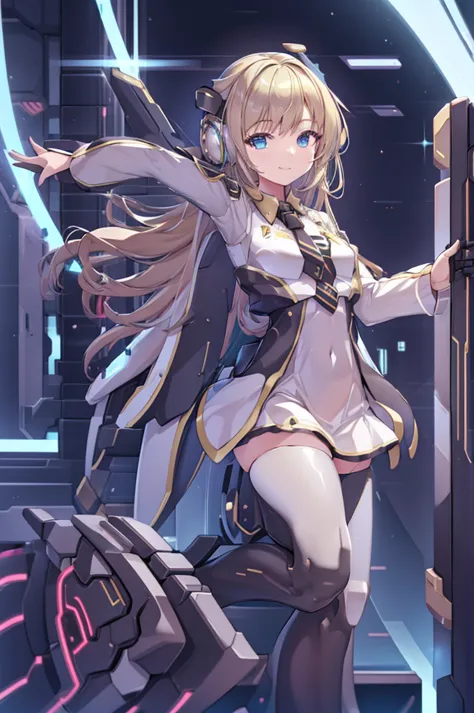 smile、smile、mecha wing、Thighs、tights、chest、 shiny blond hair、 1 girl、 solo girl 、 headphones、idol dress、 I have a sword、 has a shield、mecha girl、 white miniskirt 、Light Blue Armor