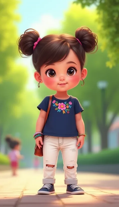 Create a digitally stylized illustration of a charming baby girl with round cheeks, dressed in a trendy outfit. She is wearing a navy-blue top with floral embroidery, white jeans, and accessorized with a small handbag and bracelets. Her hair is styled in t...