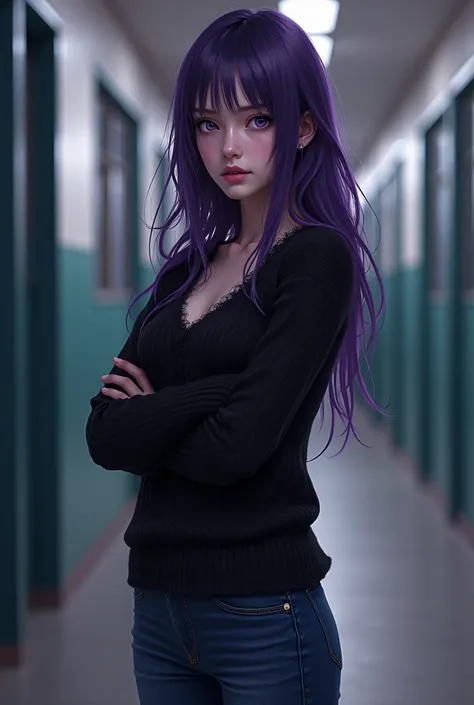  Beautiful girl with dark purple hair and light lavender eyes in a black sweater, jeans and sneakers standing at school with her arms crossed  ( big breasts )