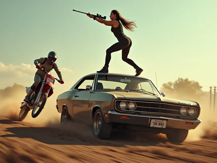 "The woman notices an oncoming dirt bike closing in from the side. She climbs onto the cars roof mid-chase, balancing with surprising ease, and takes aim."