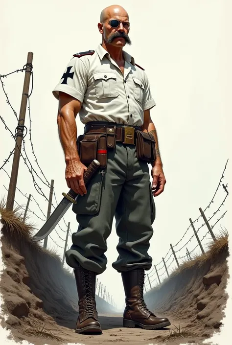  Drawing of a tall German soldier standing . Bald man with scar . muscular.  white shirt.  a black iron cross tattoo on the arm.  Dark gray pants with red details . LONG MUSTACHE.  military boots. The scorched ground . And barbed wire. A machete in the han...