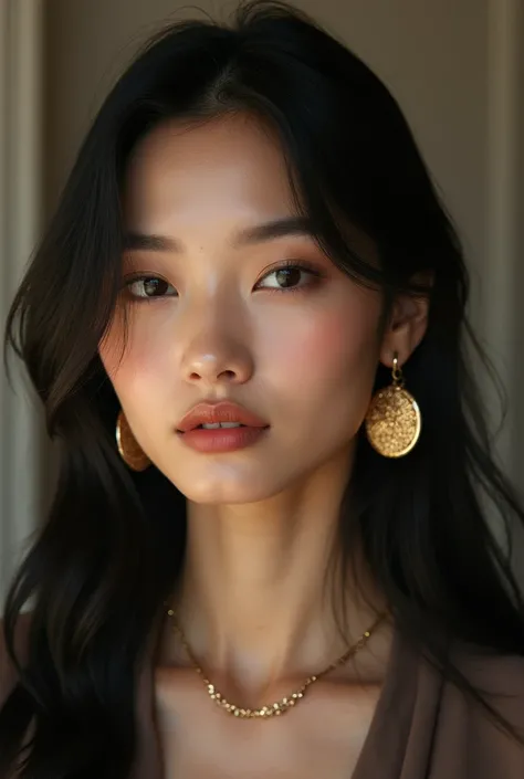 Asian woman with round gold rings without rings