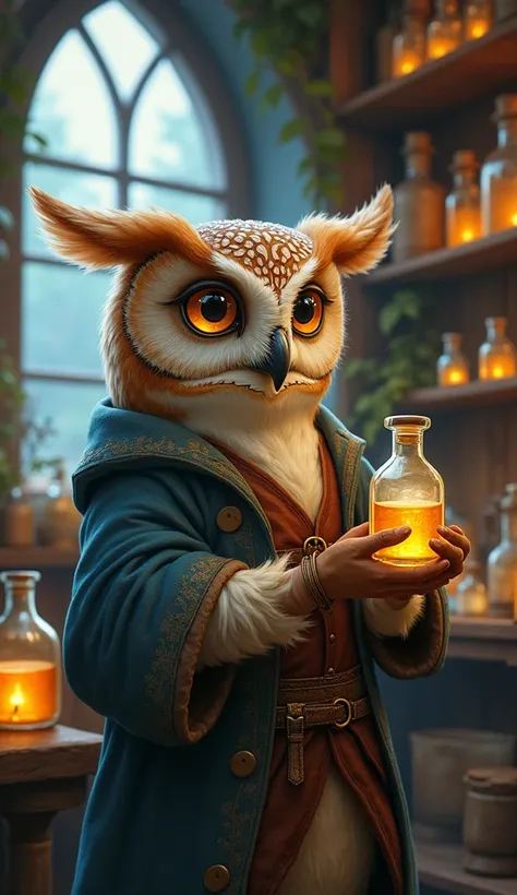 Create a realistic and enchanting image of a small anthropomorphic owl in a mystical herbalists shop. The owl should have soft brown feathers with white markings and large golden eyes. It is wearing a faded blue tunic and a leather vest, adding to its wise...