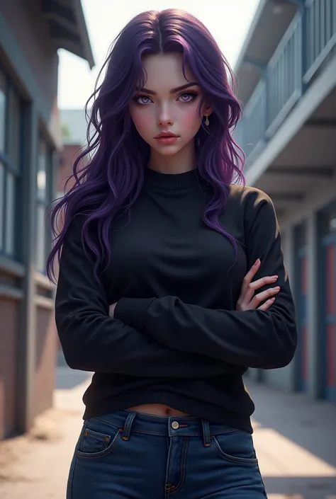  Beautiful girl with dark purple hair and light lavender eyes in a black sweater, jeans and sneakers standing at school with her arms crossed  ( big breasts )