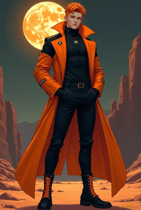  Slim but muscular young man, defined body,  black suit from Ganz 0, a small letter  "k"   round,  Long gangster jacket in orange and black, orange boots with black details ,  orange gloves with black details ,  neat orange hair , styled hair,  short hair,...