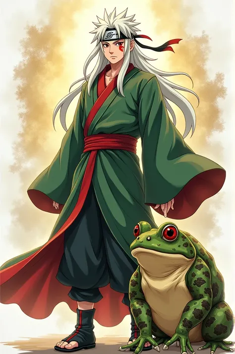 Create a image of jiraiya sensei in his Ninja outfit with his toad, also jiraiya name in white golden background 