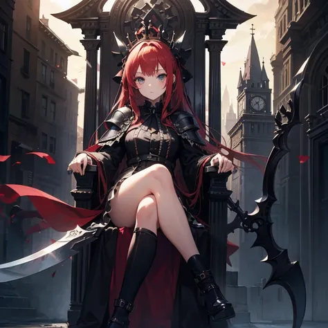 Girl with red hair and black crown on her head . 
 Sitting on a Gothic throne looking down
black armor covers his legs
Hold a black scythe