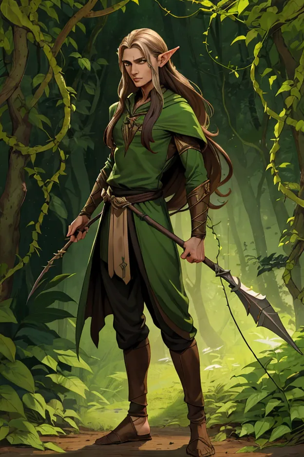 1boy, male focus, wood elf, long hair, slender and athletic build, sharp features, pointed ears, standing, full body, holding spear, mystical forest background, leaves and vines, green and brown tones, intense gaze, WHFRPGchara style