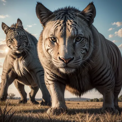  Create an image of an ultra-realistic scene of a cat and a rhinoceros facing each other with expressions of bravery and Challenge. The cat, small but fearless ,  has bristled hair and eyes fixed ,  in a defensive and challenging posture . The rhinoceros, ...