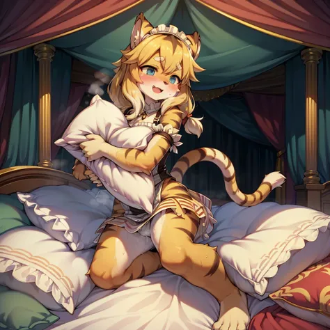 （masterpiece，best quality），mine, The Beast, , ( ））, 穿着Maid costume的可爱女孩在Pillow上摆姿势,，Maid costume，nature,, (blush),a smile，Pillow,（Lots of Pillow），Soft cushion，（canopy bed），（Pillow），Lots of Pillow，（Friction in the crotch），（（PillowCamel）），（A tail），（Around th...