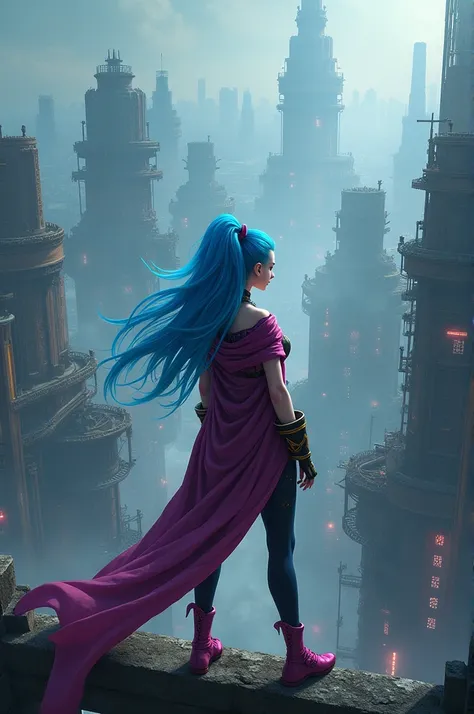 Fond d ecran HD de jinx dans arcane regardant la ville Zaun vu de haut 