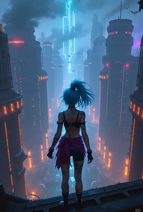 HD wallpaper of jinx in looking at Zaun city seen from above with cyberpunk colors 