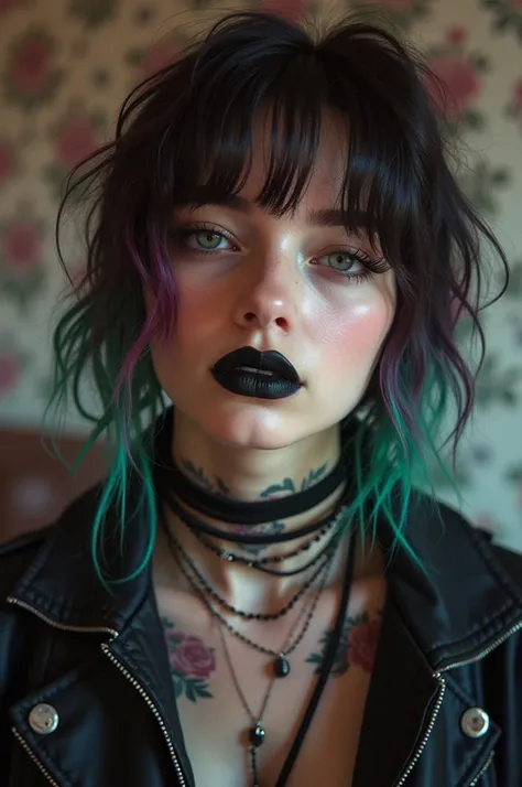 Ultra-realistic, masterpiece, ((Ultra detailed background, delicate patterned, Intricate details)), best quality, Intricate details, Chromatic Aberration, woman, 20 years old, bedroom, messy hair, rainbow hair, alternative, glam rock, black lipstick, jacke...