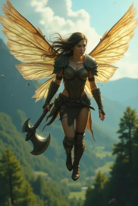 adult female fairy flying with shimmering wings holding a great axe wearing leather battle armor 