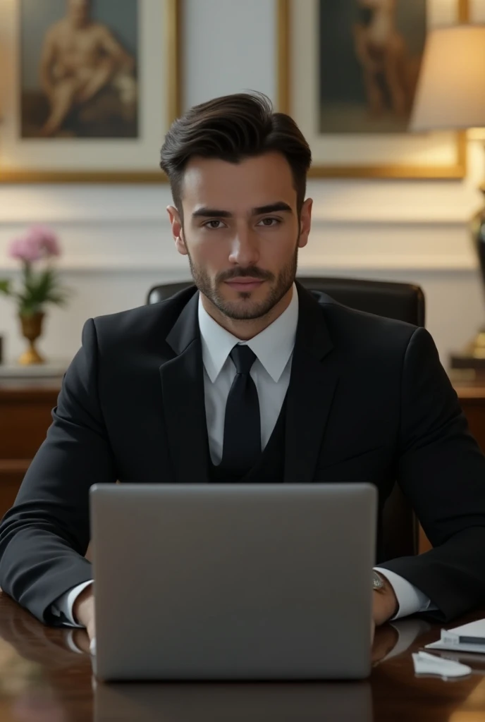 (photorealism:1.2), Handsome Italian young man, 30 years old, bright brown eyes. No facial hair.  Straight black hair, 62, slender but muscular figure. 3 piece Black jacket and tie and white shirt suit. Realistic. Sitting on in office on laptop, luxury dec...