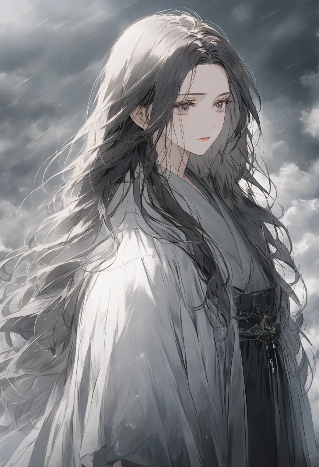 a mature woman with a solemn expression, standing under a brooding, overcast sky. her dark, long hair flows loosely around her s...