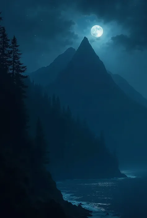 Night forest on the mountain and below the mountain is the ocean