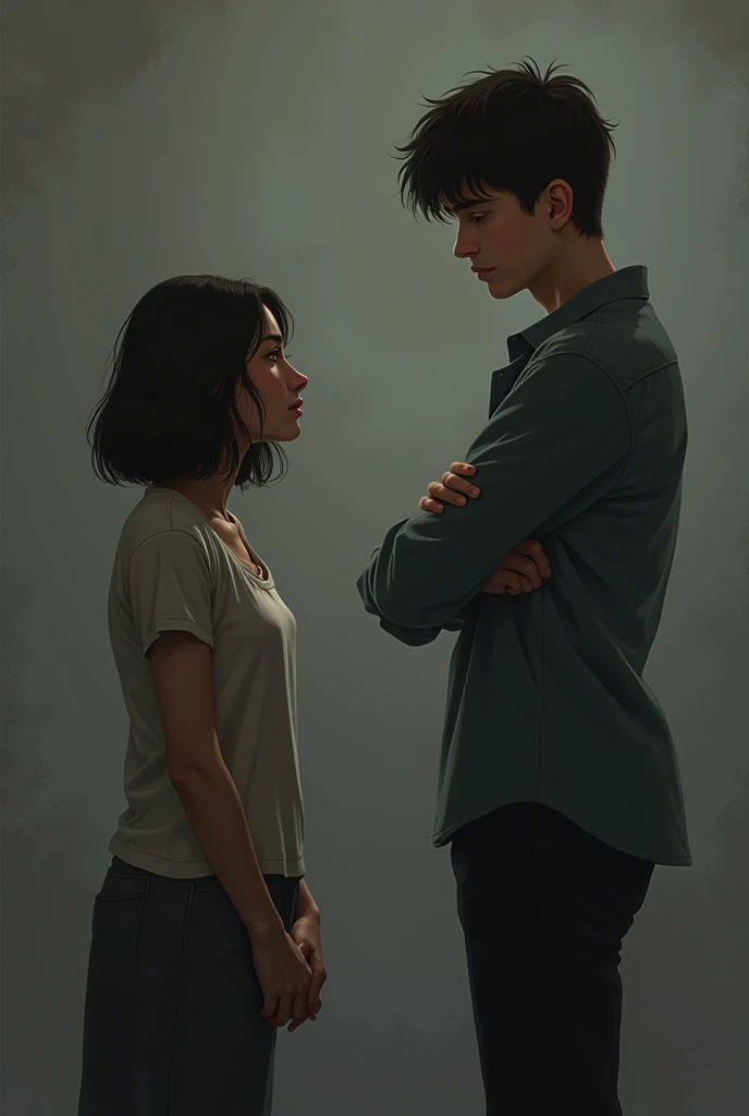 A 22-year-old girl with short shoulder-length hair looking sadly up at her boyfriend who keeps a serious look,  with arms crossed . Her boyfriend turns his back on her