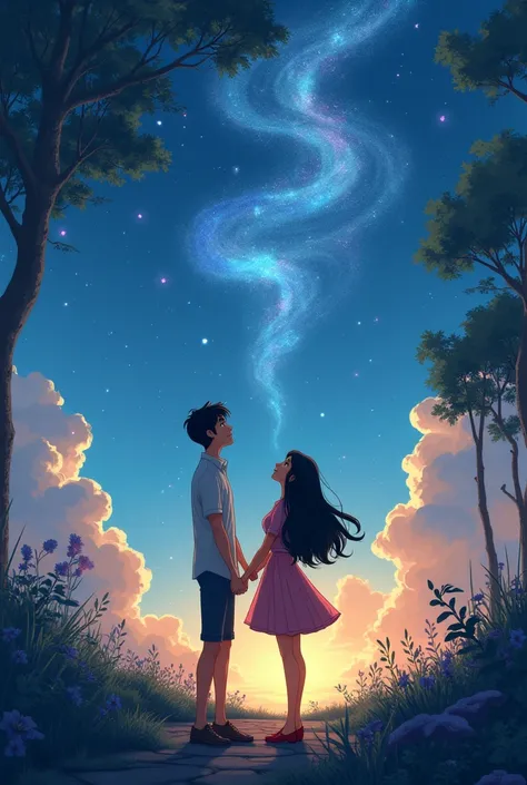 Casal disney: white man, thin, high,  short dark hair , white woman, gorda, black and straight shoulder length hair, looking at the sky