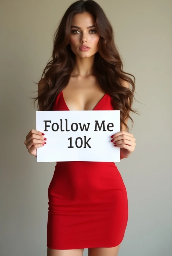 Une belle fille aux cheveux longs ondulés, portant une robe sexy rouge, tenant une pancarte blanche avec le texte "follow me 10k
Full body 