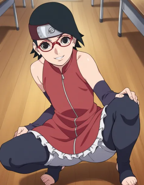 score_9, score_8_above, score_7_above, source_anime,
saradauchiha, sarada uchiha,  short hair,  black hair ,  black eyes, glasses with red frame,  fringed rods,
 thighs, bare shoulders,  detachable sleeves , shorts, zipper, toeless shoes, dress, red dress,
 inside the house ,  classroom, he finished, smile,
Alone,  looking at the viewer , of coasts, bottom view, Highlight butt , crouched 