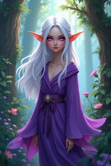 Draw a picara half-elf who has white hair, purple clothes, purple eyes and is pretty, small ears without so many breasts