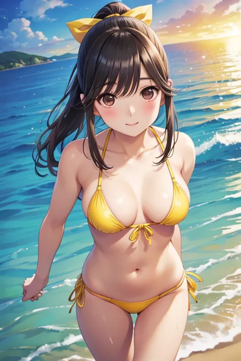 Takane Manaka、 Long Shiny Brown Hair 、 ribbon ponytail、 beautiful brown eyes 、smile、Sparkling Eyes, (fine grain)、 very detailed eyes、 very detailed face, very detailed eyes, masterpiece, best quality, high definition , ( best quality,masterpiece:1.2),Alone,Alone、 cowboy shots、nsfw、 full body portrait　Anime　Sandy beach at dusk、((A girl in a yellow microbikini walks))、Right facing　