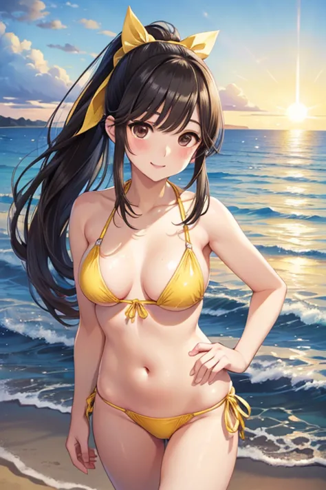 takane manaka、 long shiny brown hair 、 ribbon ponytail、 beautiful brown eyes 、smile、sparkling eyes, (fine grain)、 very detailed ...