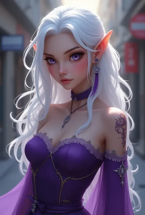  Draw a half-elf picara that has white hair, purple clothes, purple eyes and is pretty without so many breasts, smaller ears  