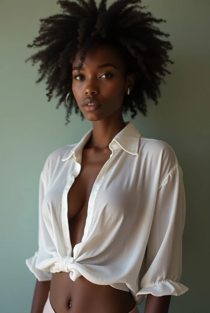 Image of a black woman, with approximately 20 years,  with large breasts that seem to sway ,  wearing a white blouse , loose on the body , transparent, very short blouse ,  and with the breast beaks showing and protruding under the blouse