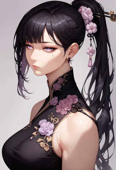 mixed_artwork style, (detailed eyes), (Mature woman), beautiful woman, medium breasts, black hair, bangs on eye, Side bangs, ponytail, (black oriental dress), Lavender eyes, mole under eye, huge body, (expressionless gaze)