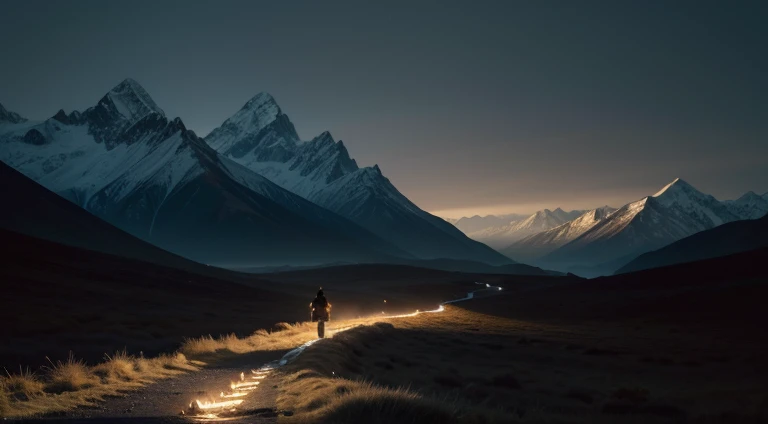 "A dark valley surrounded by high mountains ,  illuminated by a divine light that descends from the sky , symbolizing hope and protection ,  with a traveler confidently walking along the way."