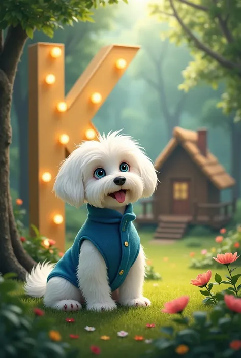 White Maltese dog wearing a blue vest ,  in a forest with a cabin in the background and with the letter K in large 