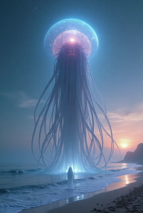 An Ophilim being standing on an alien beach at twilight, its semi-translucent body shimmering under the light of a binary star system. The creature has a central bulbous core and long, flowing tentacles that gently move in the breeze. The background featur...