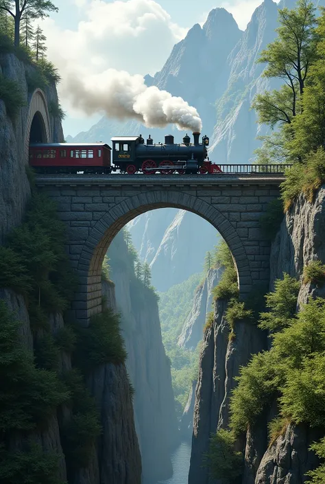 The train leaves the stone tunnel and crosses the arched bridge
