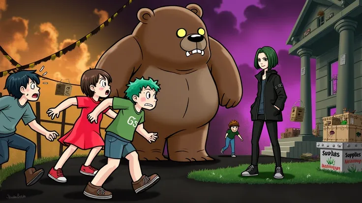 " icon An epic anime scene with elements of comedy ,  with several characters are in a chaotic situation .  In the foreground, a girl in a bright red dress , обозначенная как EX-GF, and a guy with green hair wearing a green t-shirt runs away from zombies, ...