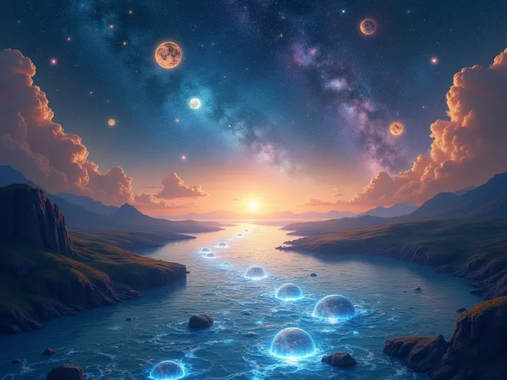  A cosmic landscape with a bright, ethereal river flowing to a horizon of stars. The river represents time ,  with currents of changing colors that reflect past and future events . in the sky,  ancient constellations and astroclocks float ,  symbolizing th...