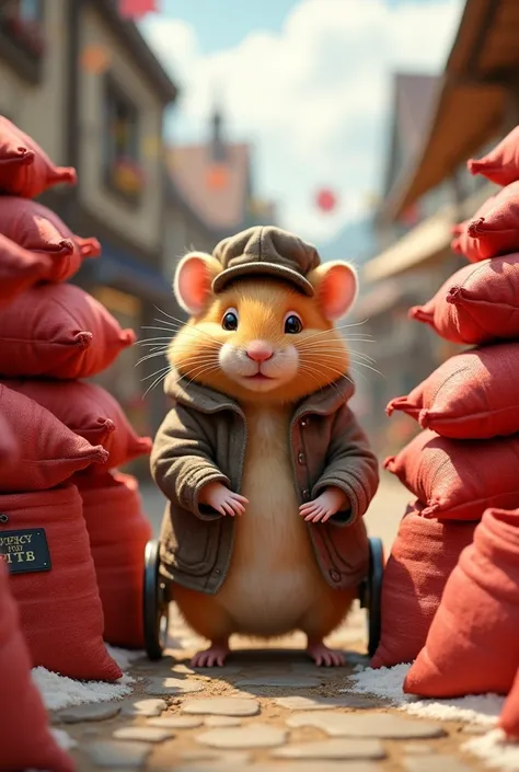 a hamster in a jacket sells flour in red bags