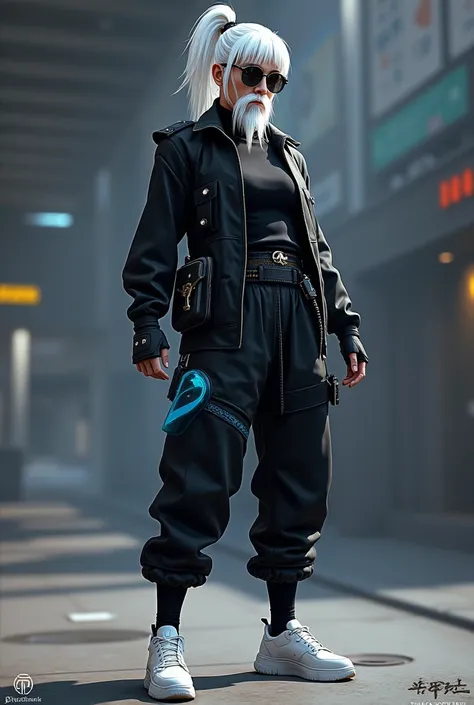  Create a character game from Free Fire, with white hair,a fringe  ,  dark round glasses  , Medium white beard ,ponytail ties  ,  black turtleneck and black angelic pants with blue details ,white sneakers 