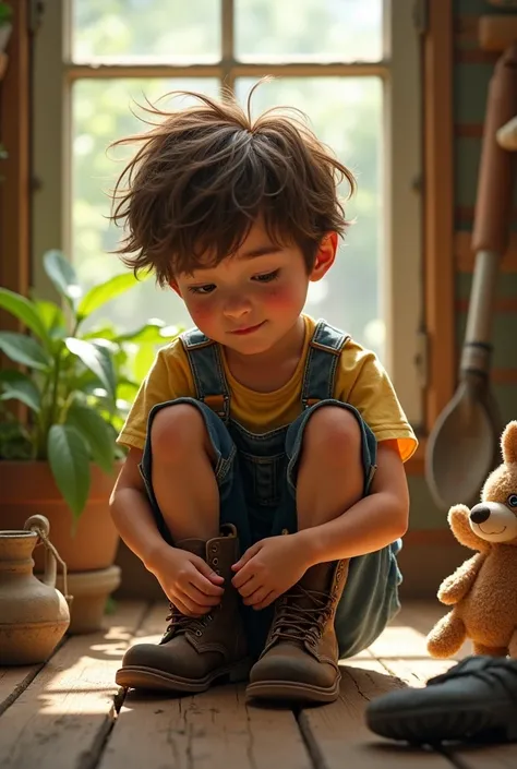 Boy putting on boots for the garden while sitting
