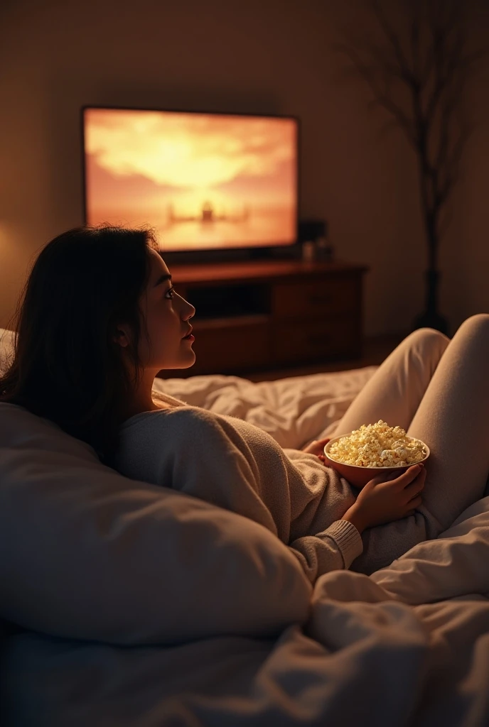 Woman watching a movie from her bed with popcorn 