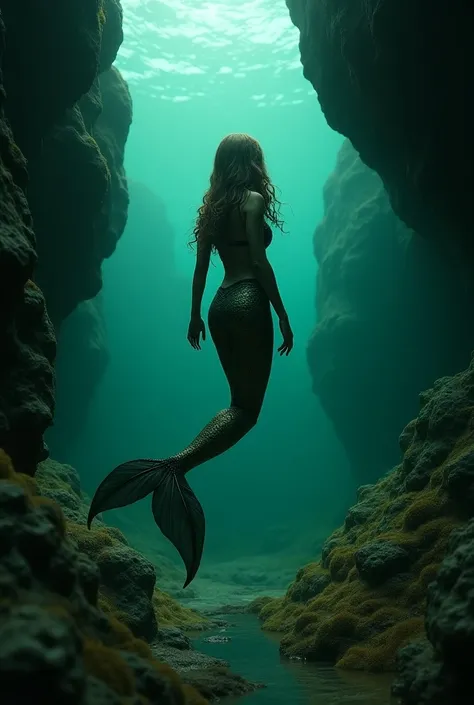 one of the pictures is a mermaid in her outfit under an underwater rock, in the style of mechanized forms, 8k resolution, national geographic photo, dark gold and green, adventure themed, ray tracing, cybernetic sci-fi --ar 2332