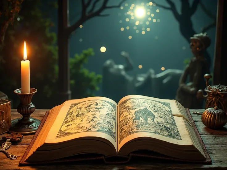  An ancient manuscript opened on a desk illuminated by a candle ,  with pages full of strange symbols and drawings of impossible plants .  Illustrations of stars and human figures in surreal poses emerge from the background, as a mysterious and magical atm...