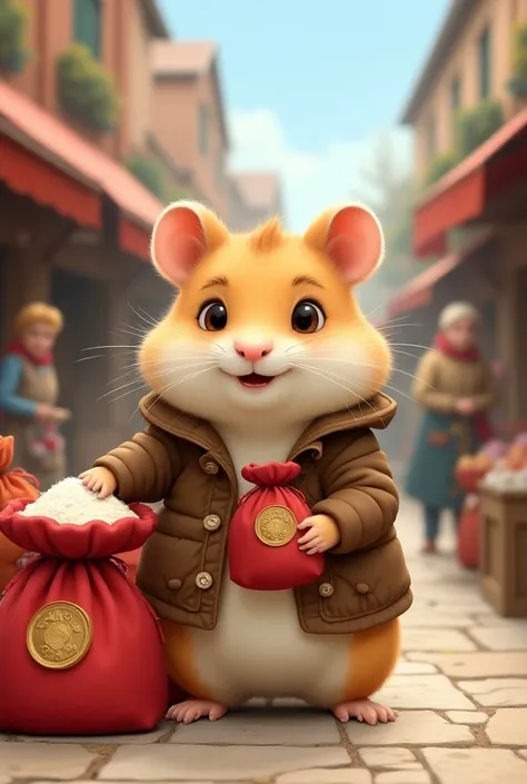 a hamster in a jacket sells flour in red bags on the bag has a cocoin badge