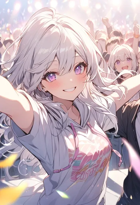 Alone, 1 female, long Hair , white Hair, light purple Eyes, Long Sleeved shirt ,short sleeved hoodie, smile on face, cheering.flirty atmosphere, at a concert in the crowd 