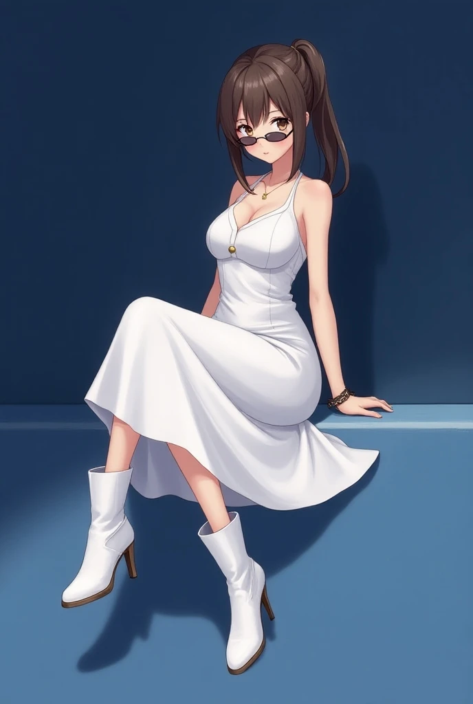 anime girl fanart, black shades, halter white tent dress, white boots, sitting pose, brown hair, straight ponytail, navy blue background 