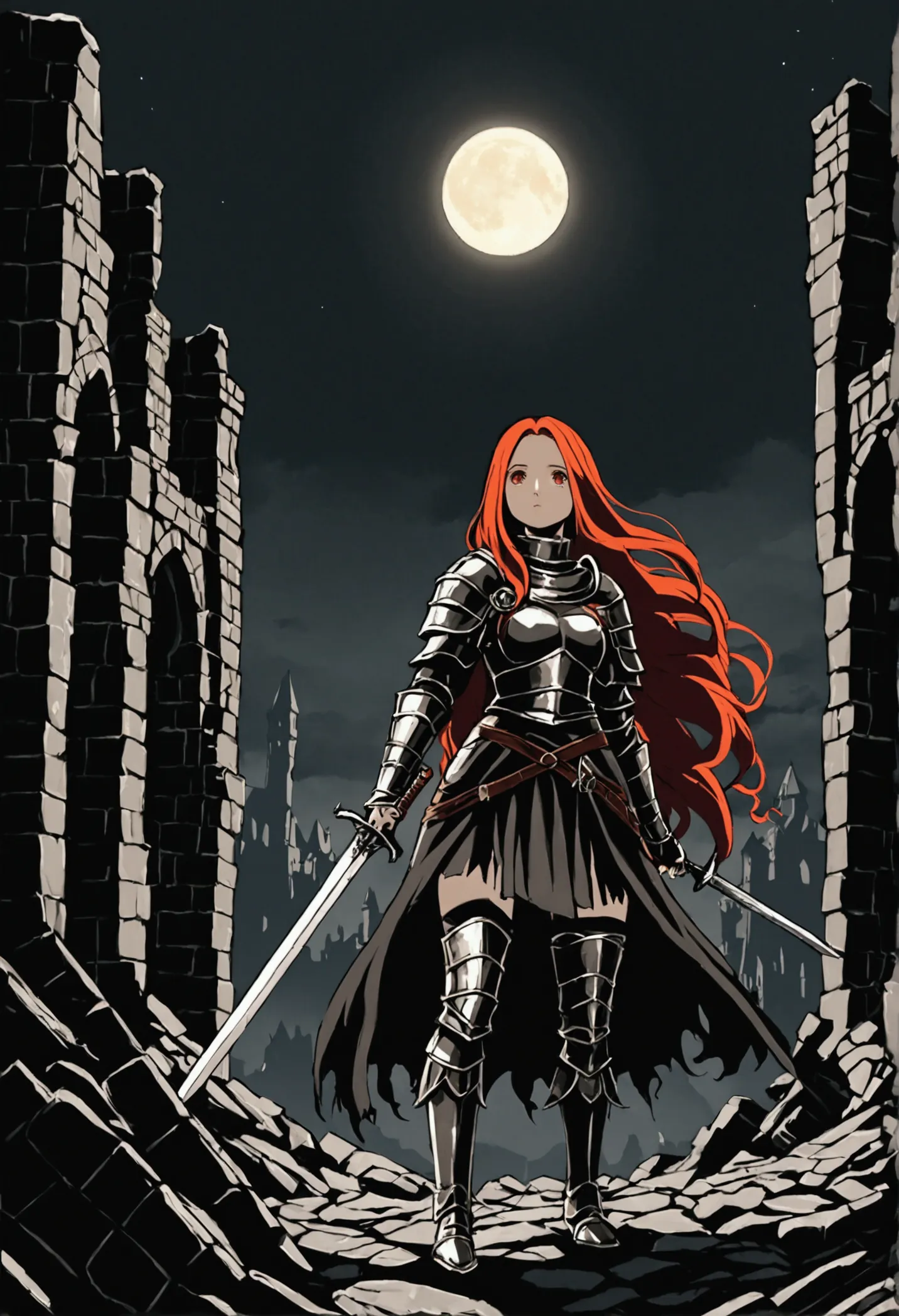 dark souls hollow girl, warrior girl, savage clothes, red long hair, long sword, black armour, soulslike, ruins of castle town, ...